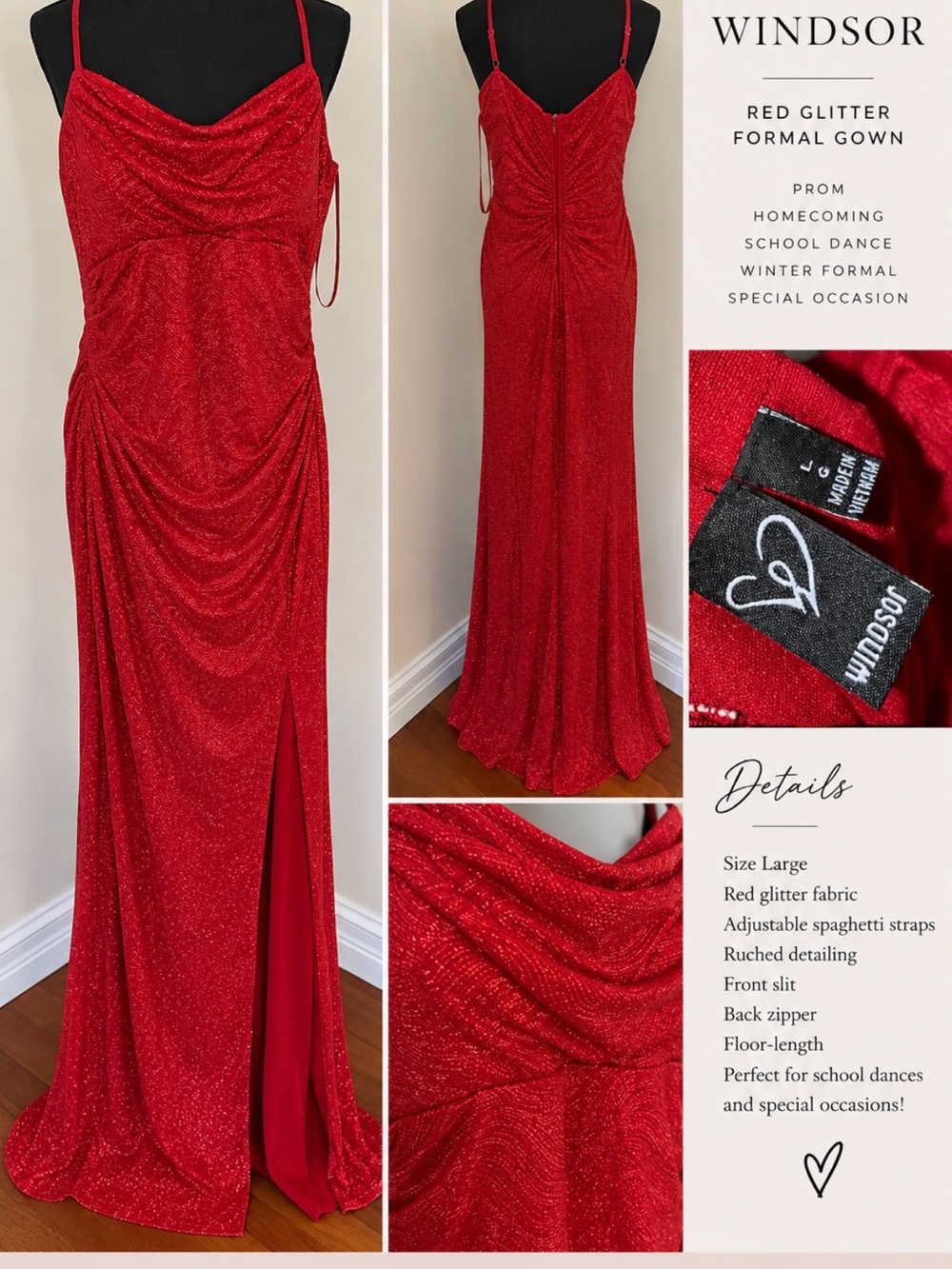 Windsor Red Glitter Ruched Spaghetti-Strap Prom Gown